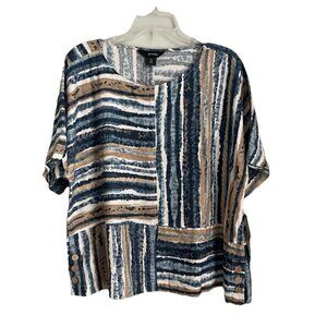 Ali Miles Blue Neutral Linen Blend Striped Short Sleeve Boxy Artsy Tunic NWT